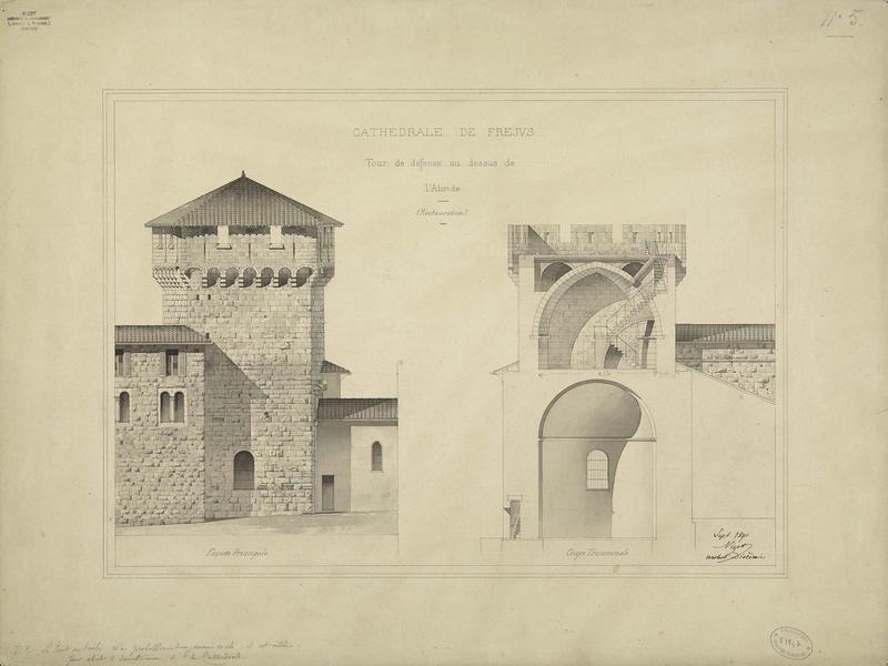 Projet de rétablissement du crénelage et de la couverture de la tour de défense au-dessus de l'abside. Élévation de la façade principale. Coupe transversale