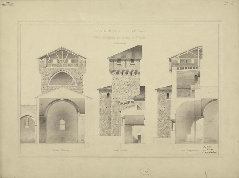 Projet de rétablissement du crénelage et de la couverture de la tour de défense au-dessus de l'abside. Élévation de la façade latérale. Élévation de la façade postérieure. Coupe longitudinale