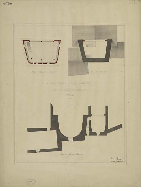 Projet de rétablissement du crénelage et de la couverture de la tour de défense au-dessus de l'abside. Plan du rez-de-chaussée. Plan de l'étage de défense