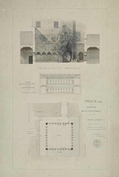 Projet d'acquisition du cloître par l'État. Plan avec l'indication des parties appartenant à des particuliers. Élévation d'une galerie