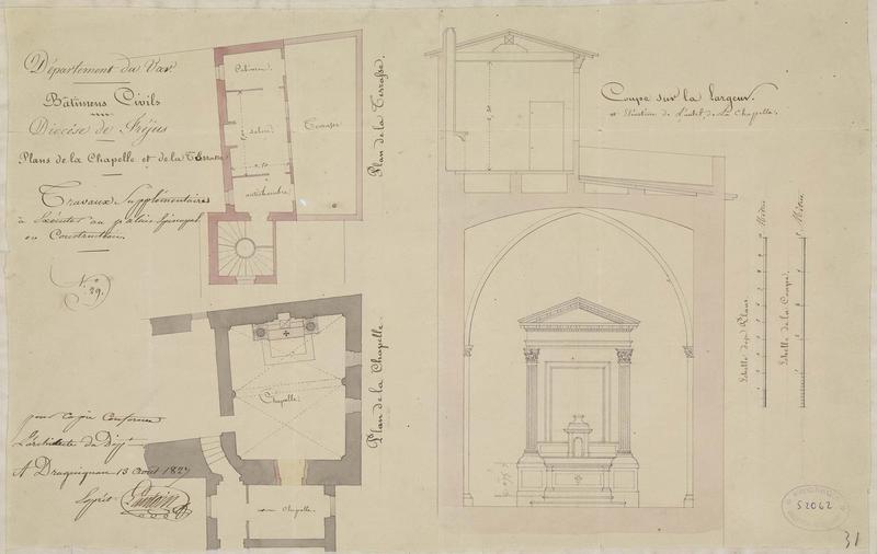 Projet de reconstruction. Plans de la chapelle et de la terrasse. Coupe transversale.