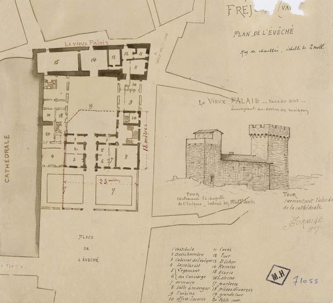 Plan schématique. Élévation de la façade est. Croquis