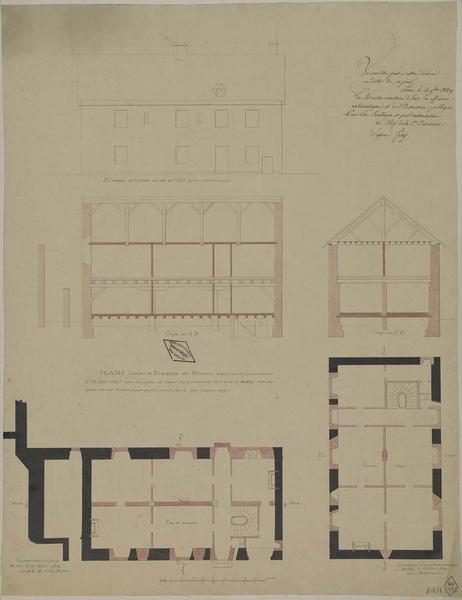 Élévation de la façade du côté est. Plans du rez-de-chaussée et du premier étage. Coupes sur AB et CD