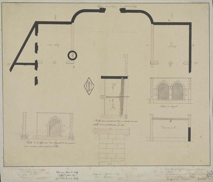 Plan. Coupes sur AB et CD. Détail d'une plinthe. Élévations de la façade du hangar et de la façade de la basse-cour