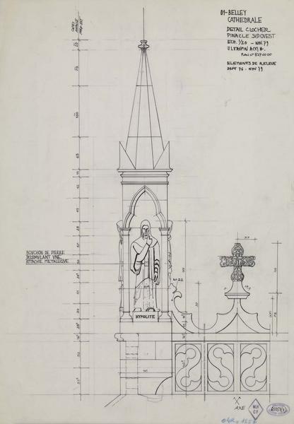 Détail du clocher. Élévation du pinacle sud-ouest