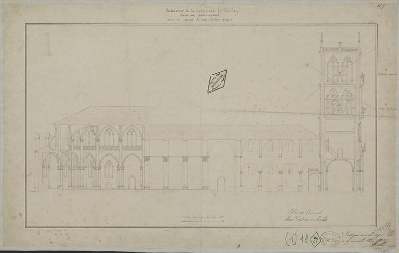 Intérieur de la cathédrale dans son état actuel avec la coupe de son clocher projeté