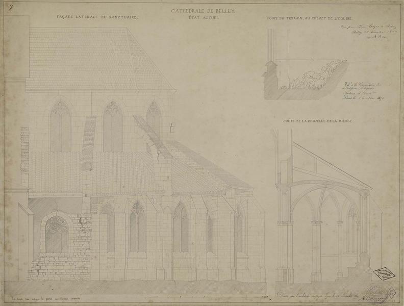 Élévation de la façade latérale. Coupe du terrain au chevet de l'église, coupe de la chapelle de la Vierge. État actuel