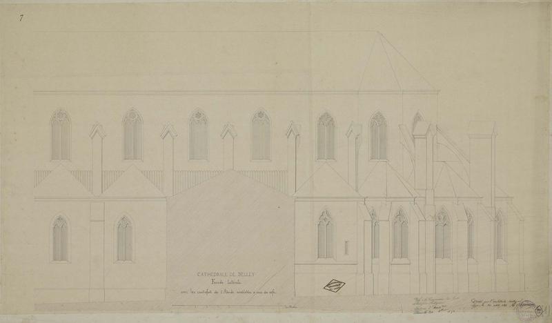 Élévation de la façade latérale avec les contreforts de l'abside semblables à ceux des nefs