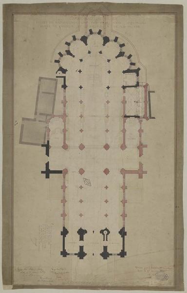 Projet de reconstruction des trois nefs comprises entre le choeur et le vestibule de la façade. Plan