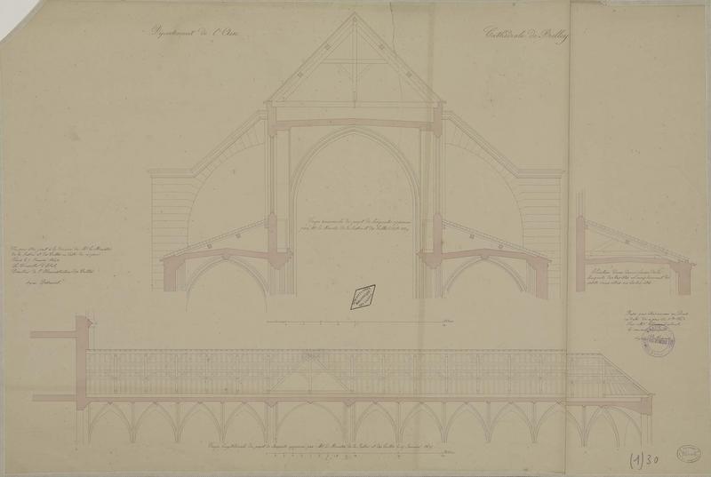 Coupes transversale et longitudinale du projet de charpente. Élévation d'une demi-ferme de la charpente des bas-côtés