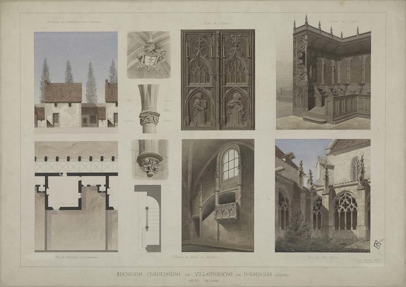 Vue du petit cloître. Chaire de lecture. Plan et élévation de l'habitation. Porte de l'église. Stalles. Clef de chapiteau et clef de voûte