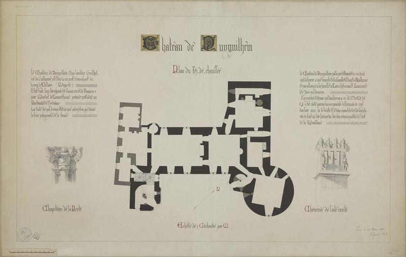 Plan du rez-de-chaussée. Détail de la cheminée de l'aile droite. Détail d'un chapiteau de la porte