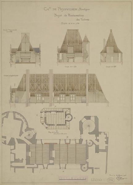 Projet de restauration des toitures. Coupes. Coupe longitudinale. Plan du comble de la tour d'escalier. Plan