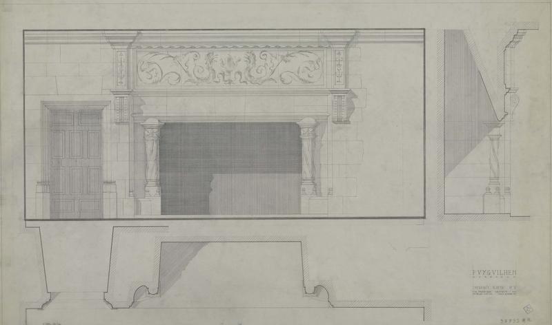 Élévation, coupe, plan de la cheminée du rez-de-chaussée, pièce 5