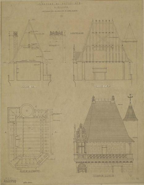 Restauration du pavillon du grand escalier. Coupes AB et CD. Plan de la charpente. Élévation côté est