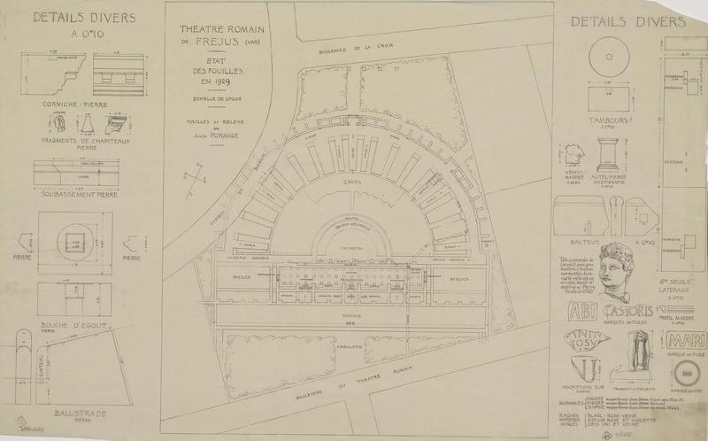 Plan avec l'indication des fouilles de 1929 ; détails de construction et des trouvailles réalisées