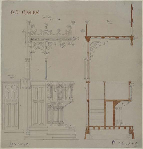 Chaire à prêcher, élévation de la face latérale du côté de l'escalier, coupe