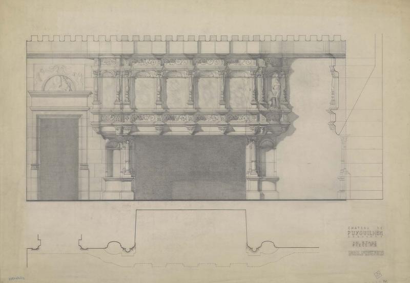 Élévation, coupe et plan de la cheminée du premier étage, pièce 5