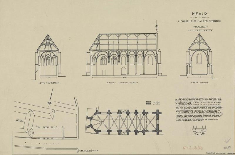 Plan d'ensemble. Plan des toitures. Coupe axiale. Coupes longitudinale et transversale.