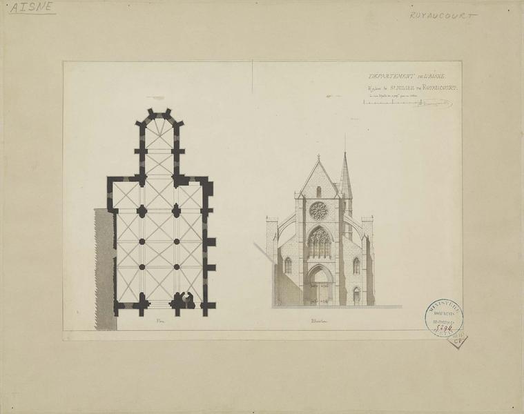 Plan de l'édifice et élévation de la façade ouest