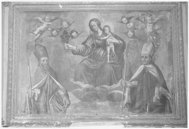 retable, tableau : Vierge à l'Enfant tenant un bouquet de groseilles entre saint Geniez et saint Clair - © Ministère de la Culture (France), Médiathèque du patrimoine et de la photographie (objets mobiliers), tous droits réservés
