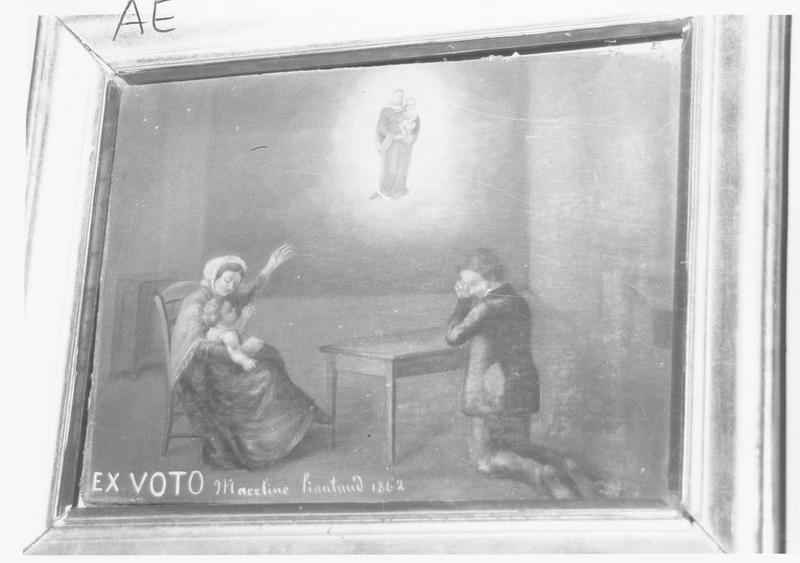 ex-voto : fillette alitée, femme en prière devant la Vierge à l'Enfant