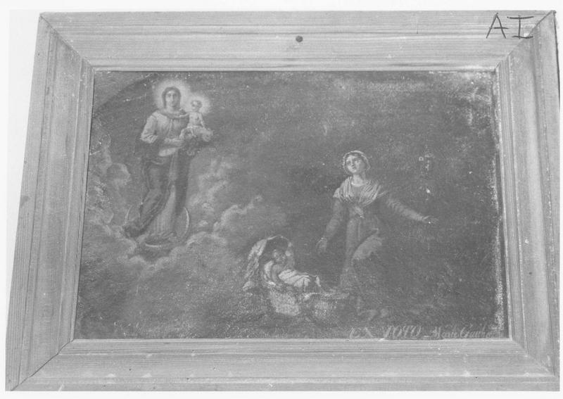 ex-voto : Marie Gaut[...] : femme avec un couffin en prière devant la Vierge à l'Enfant