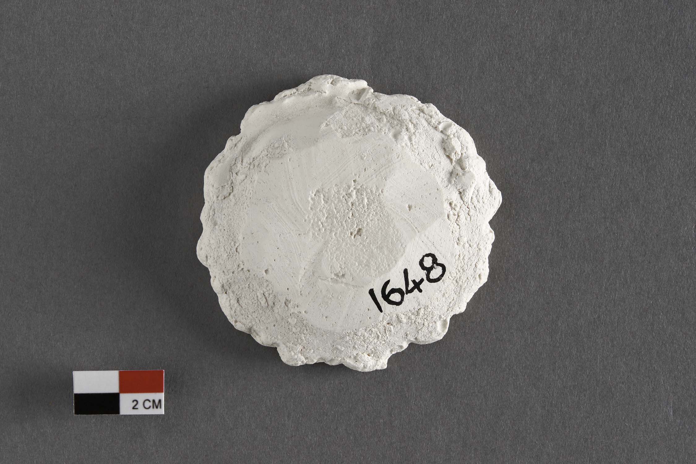 Rose du plafond en plâtre moulé et scellée au plâtre, verso