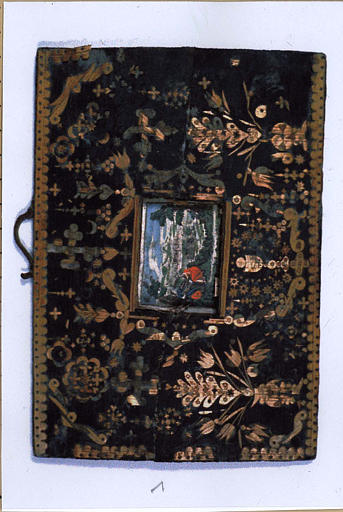Paysage avec personnages et encadrement avec décor floral