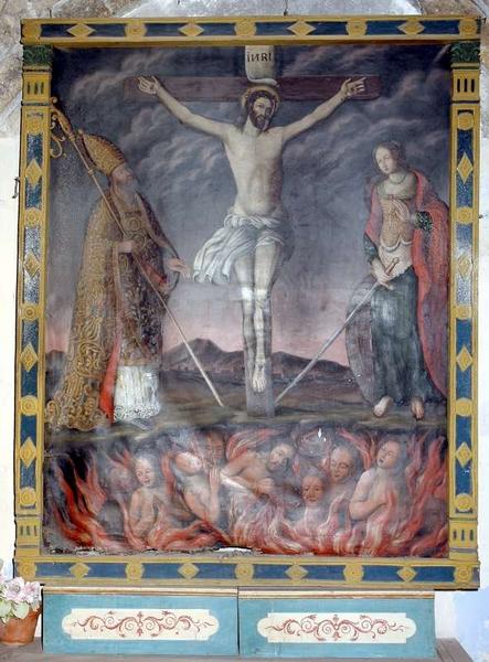 tableau et son cadre : Christ en croix entre saint Marcellin et sainte Catherine d'Alexandrie, et les âmes du purgatoire.