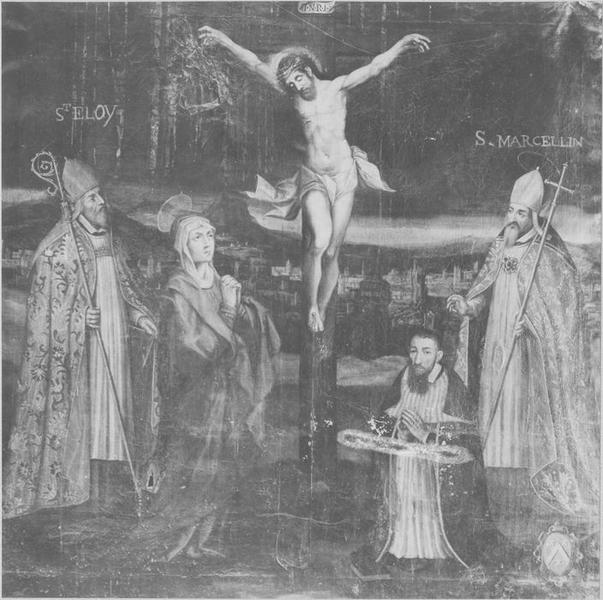 tableau : le Christ en croix, la Vierge, saint Eloi, saint Marcellin d'Embrun et un donateur, vue générale - © Ministère de la Culture (France), Médiathèque du patrimoine et de la photographie (objets mobiliers), tous droits réservés