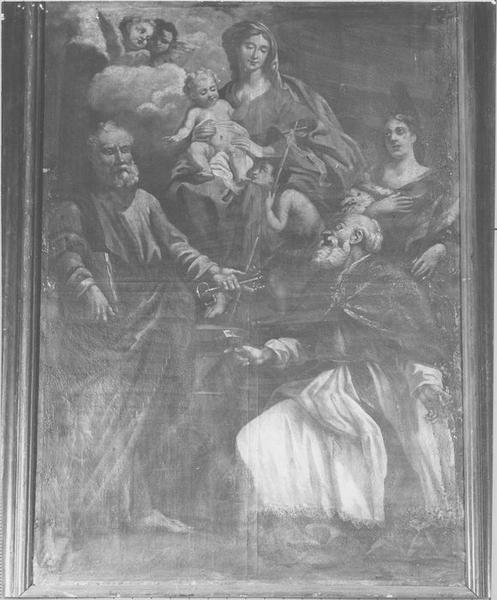 Tableau : La Vierge à l'Enfant avec saint Pierre, saint Eloi, une sainte martyre et saint Jean-Baptiste enfant