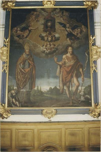 Tableau, cadre : le Triomphe du Saint-Sacrement entre un saint archevêque et saint Jean-Baptiste