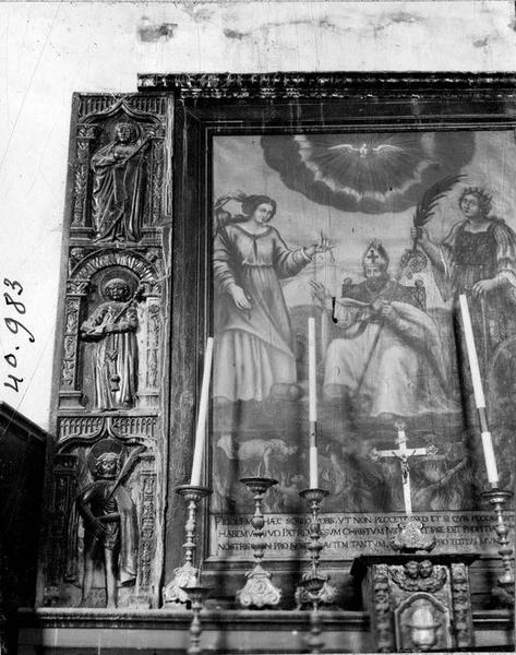 retable de la chapelle des âmes du purgatoire (ancienne disposition) ; tableau, cadre : saint évêque, sainte Catherine et sainte Marguerite, vue partielle