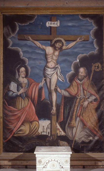 Tableau : Crucifixion ou Christ en croix entre sainte Catherine et un saint Abbé