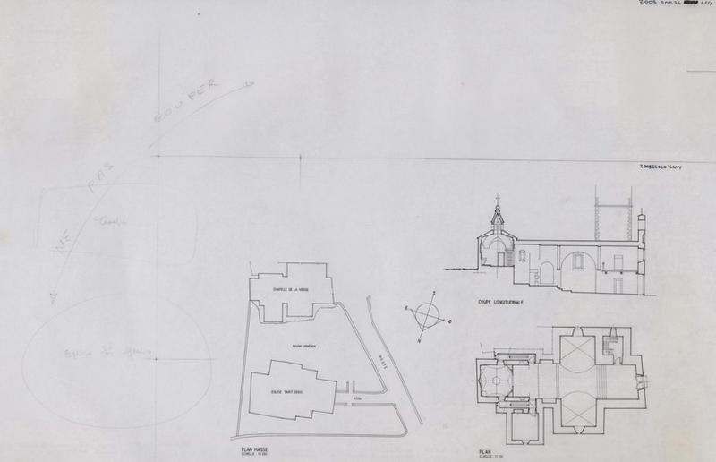 Chapelle de la Vierge : plan de masse éch.1/200, coupe longitudinale et plan éch. 1/100.