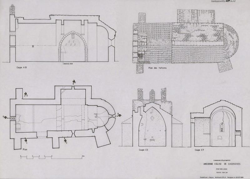 Etat des lieux : plans général et des toitures ; coupes AB, CD et EF.