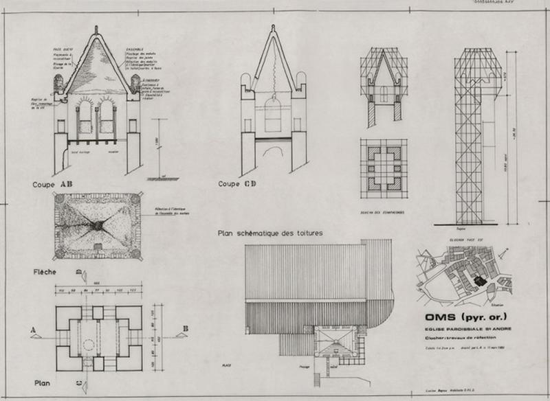 Clocher ; travaux de réfection : plan flèche, schéma des échafaudages, clocher face est, coupes AB et CD ; anciennement église Saint-Jean.