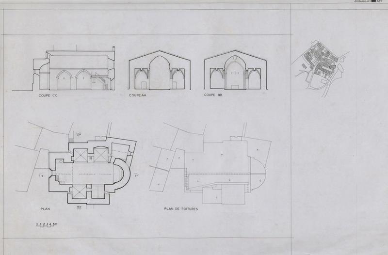 Plan de situation, plan des toitures, coupe CC, coupe AA, coupe BB.