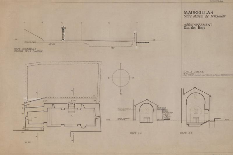 Assainissement : état des lieux, plan, coupe longitudinale pourtour de la chapelle, coupe AA et BB.