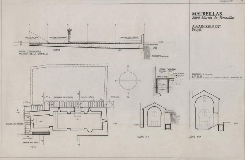 Assainissement : état des lieux, plan, coupe longitudinale pourtour de la chapelle, coupe AA et BB éch. 1/50, détail du caniveau éch. 1/20.