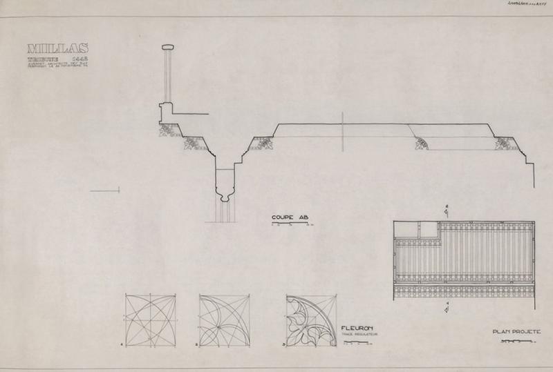 Tribune de 1442 : coupe AB éch. 1/10, plan projeté éch. 1/25. Détail de fleuron, tracé régulateur éch. 1/25.