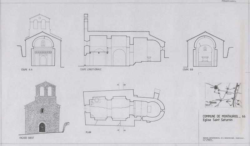 Elévation façade ouest, coupes AA, BB et longitudinale.