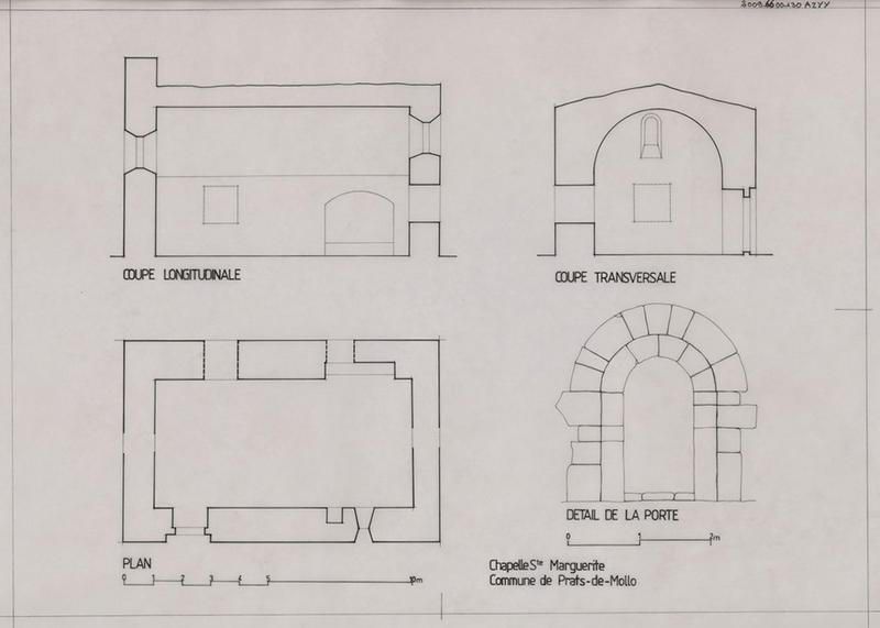 Plans et coupes longitudinale et transversale éch. 1/50, détail de la porte éch. 1/20.