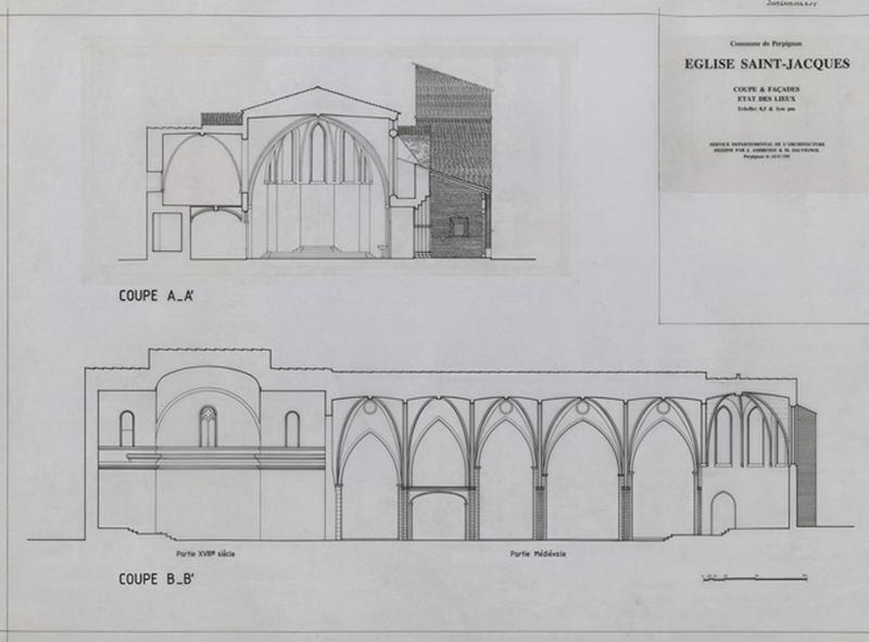 Etat des lieux, coupes et façades : coupe AA', coupe BB' partie du XVIIIe siècle et partie médiévale.