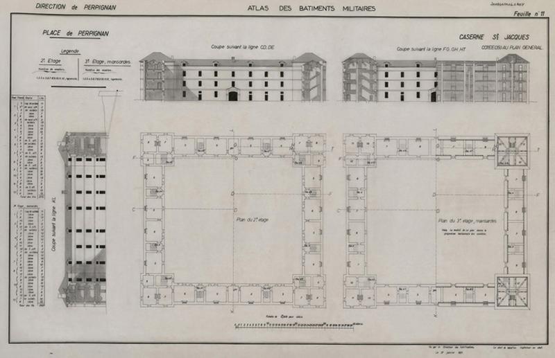 Réédité à l'agence des Bâtiments de France d'après la feuille n°11 de l'Atlas des Bâtiments militaires 1821 : plans du 1er, 2e, 3e et mansardes ; coupes suivant la ligne CD, DE ; KL, FG ; GH et HT.