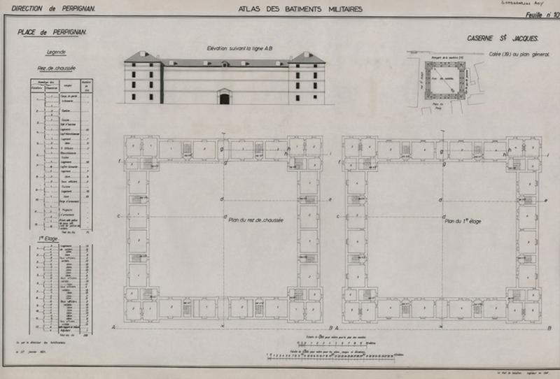 Réédité à l'agence des Bâtiments de France d'après la feuille n°10 de l'Atlas des Bâtiments militaires 1821 : plans du rez-de-chaussée et 1er étage, élévations suivant la ligne AB éch. 1/200 ; combles éch. 1/1 000.