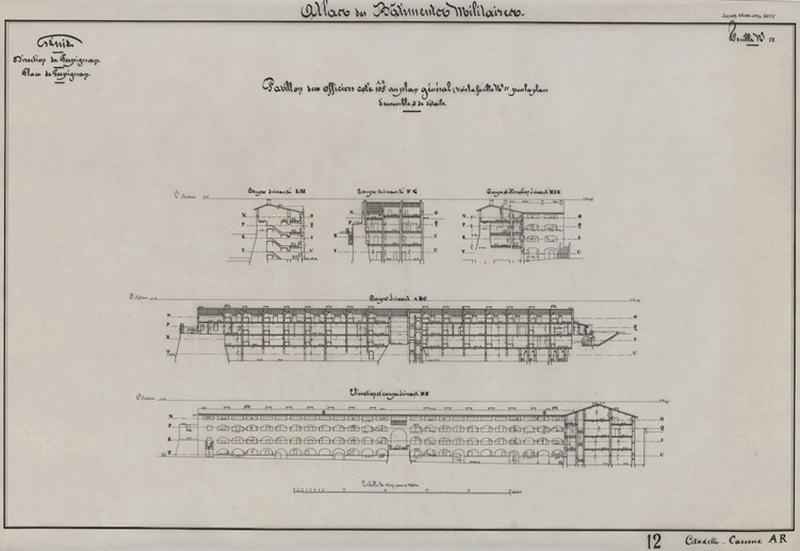 Elévations et coupes ; réédité à l'agence des Bâtiments de France d'après la feuille n°12 de l'Atlas des Bâtiments militaires 1821.