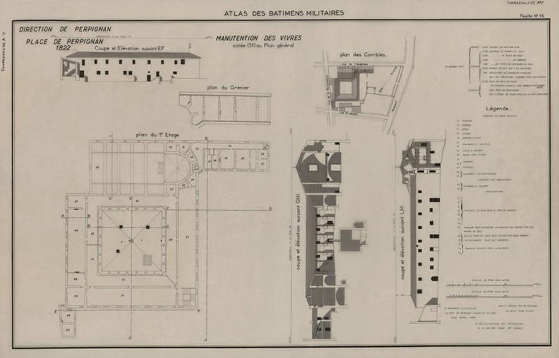 Elévations et coupes, plan des combles, 1e étage, grenier ; copié à l'agence des Bâtiments de France d'après la feuille n°19 de l'Atlas des Bâtiments militaires 1822 ; levé et dessiné par le capitaine du génie Glerici.