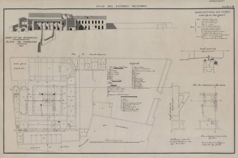 Manutention des vivres : plan du rez-de-chaussée, plans du rez-de-chaussée, des citerneaux et des caves, profil suivant PQ ; copié à l'agence des Bâtiments de France d'après la feuille n°18 de l'Atlas des Bâtiments militaires 1822, levé et dessiné par le capitaine du génie Glerici.